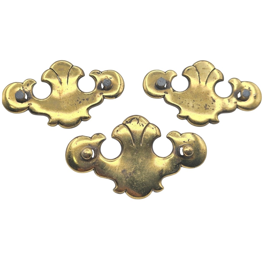 Brass Batwing Chippendale Drawer Pull Backplates Vintage Set of 3 Furniture